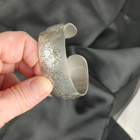 80s Leonard Pewter "Larkspur" Floral Etched  Cuff Bracelet Vintage 6 1/4" - Picture 4 of 7